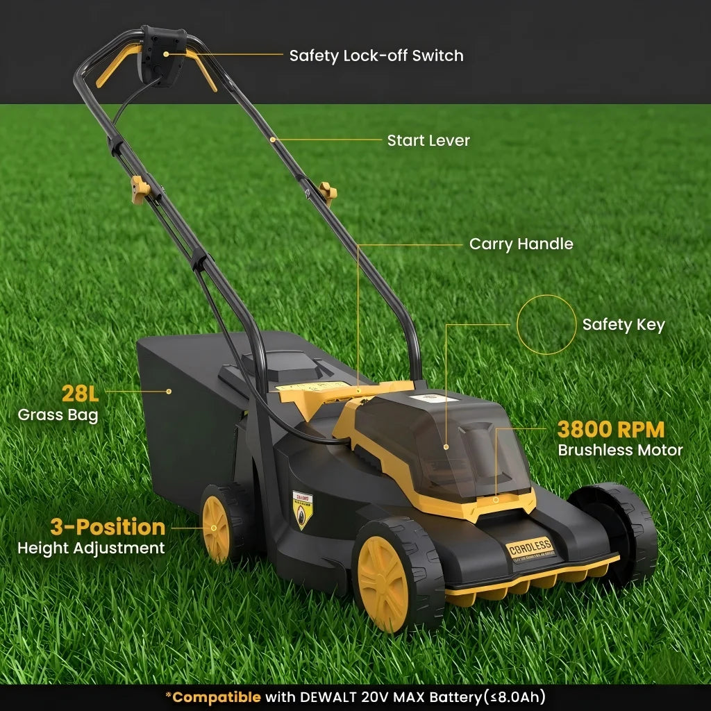 13-Inch Cordless Lawn Mower, Compatible with Dewalt 20V MAX Battery,  3-Position Height Adjustment, Foldable & Lightweight  Compact Lawn Mower for Small Yard (Tool Only)