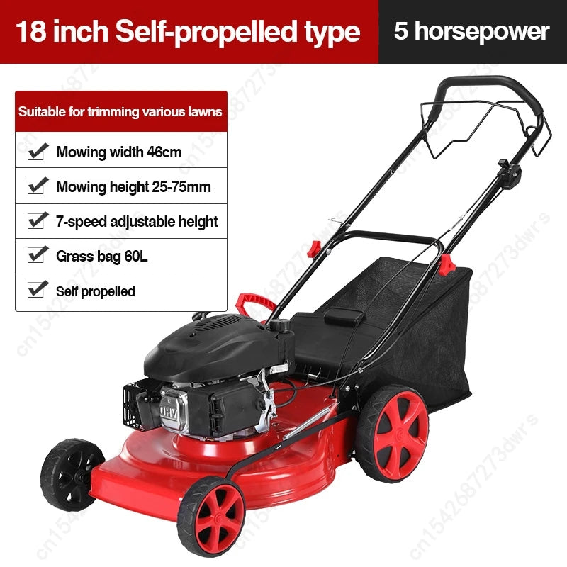 Self-Propelled Gas Lawn Mower with 60L Grass Collection Bag, Petrol Grass Cutter Weed Trimmer for Garden Lawn Care