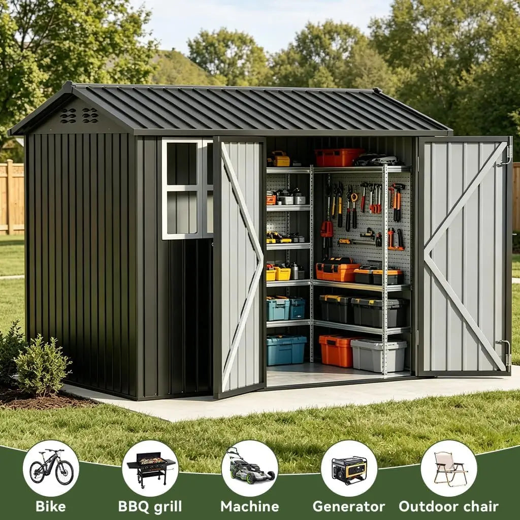 Weather-Resistant Metal Storage Shed Window & Lockable & Ventilated Backyard, Custom