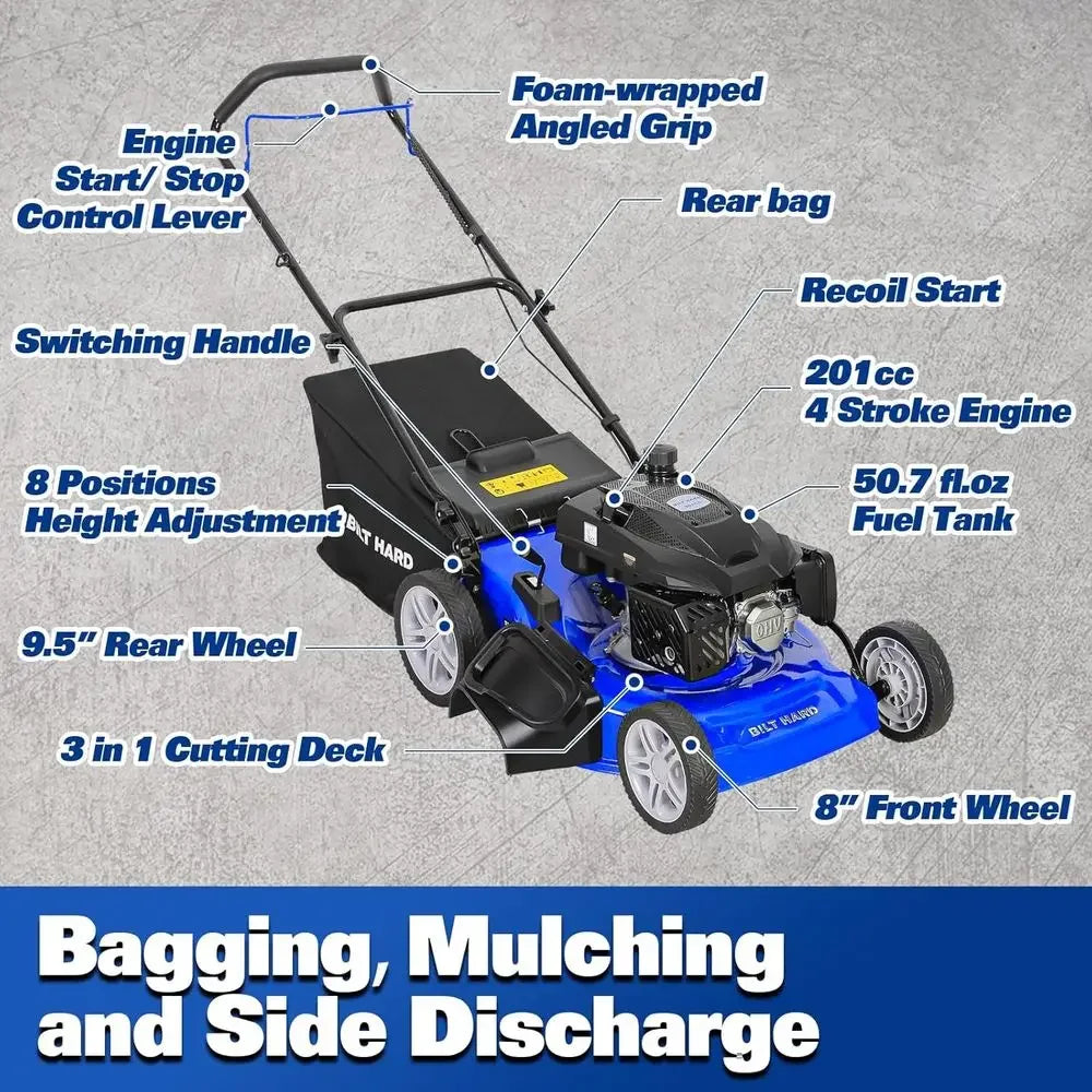 21 Inch 201cc 4-Cycle Engine Push Lawn Mower, 3-in-1 Gas Lawn Mower with Bagging, Mulching and Side Discharge, Easy Start with A
