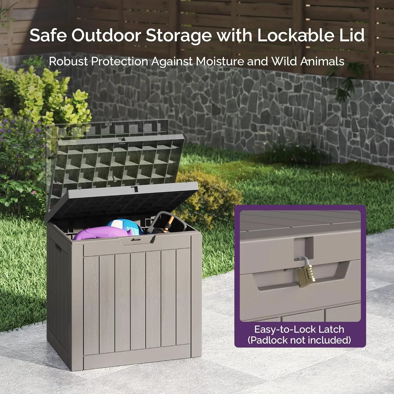 Outdoor Deck Box: Lockable Package Delivery Box, Weather-Resistant Outdoor Storage Bin, 30-Gallon Faux Plank Driftwood