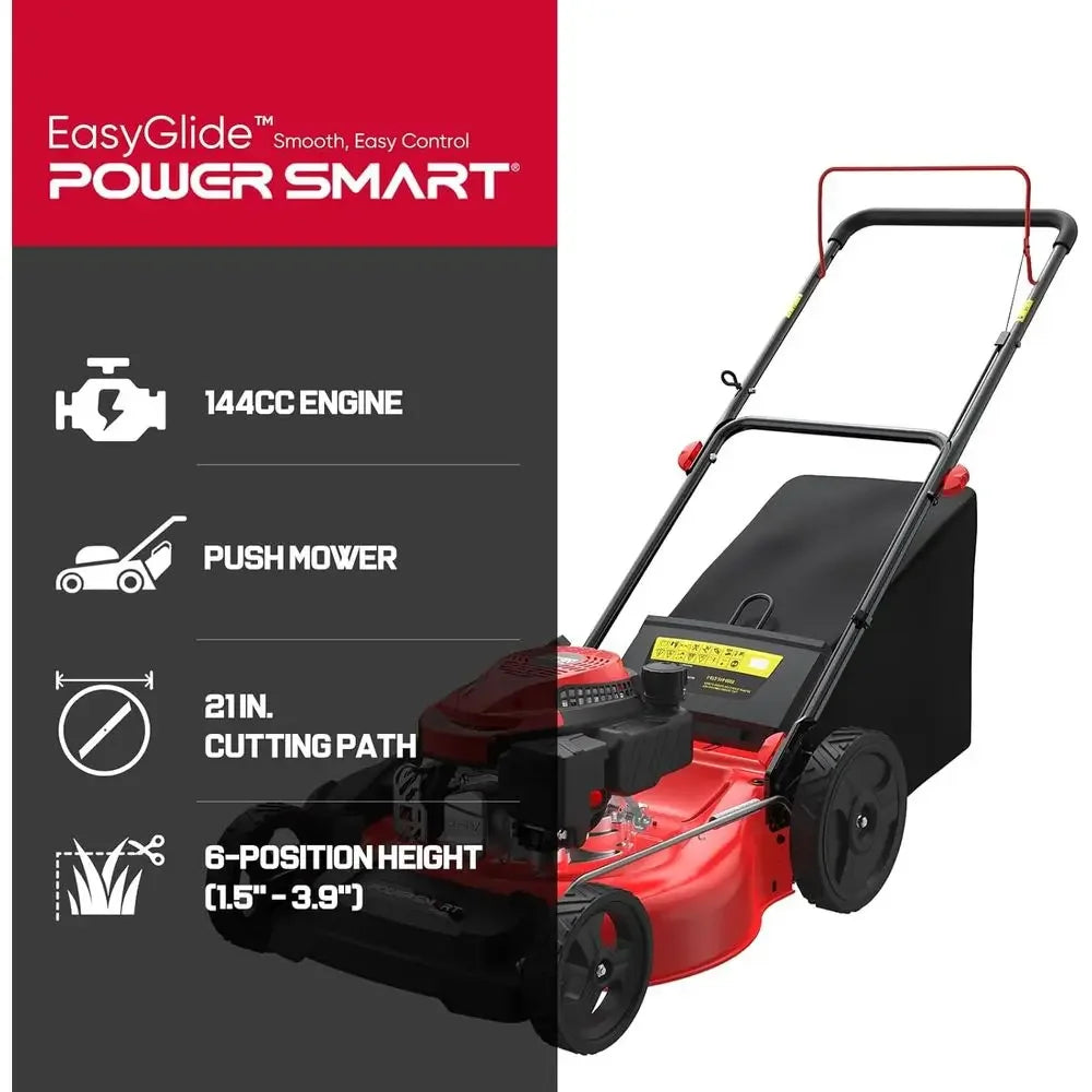 EasyGlide 21-Inch Gas Lawn Mower, 144cc 4-Stroke OHV Engine, Push Walk-Behind, 3-in-1 Mulch/Bag/Side Discharge, Steel Deck, 6 He