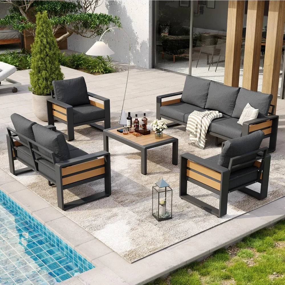 Aluminum Patio Furniture Set, 5 Piece Luxury Outdoor Sectional with 6" Olefin Fabric Cushions, Patio Conversation, Customized