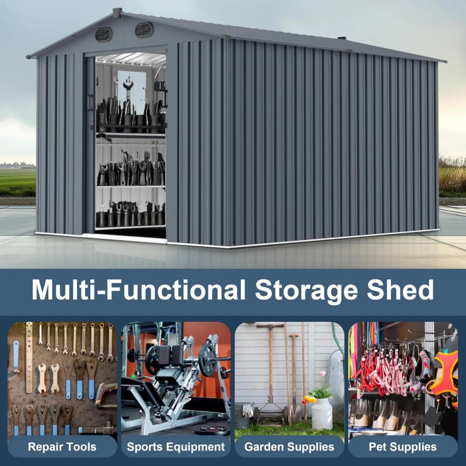 8x10 FT Outdoor Storage Metal Shed with Window & Lockable Doors for Backyard Garden Patio Lawn, Custom