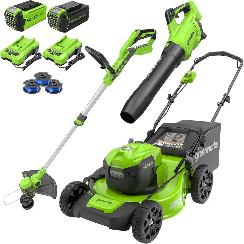 40V 20" Cordless Lawn Mower (Push), Axial Leaf Blower (500 CFM / 120 MPH),12" String Trimmer with 2 Batteries(5Ah+2Ah) and Charg