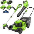 40V 20" Cordless Lawn Mower (Push), Axial Leaf Blower (500 CFM / 120 MPH),12" String Trimmer with 2 Batteries(5Ah+2Ah) and Charg