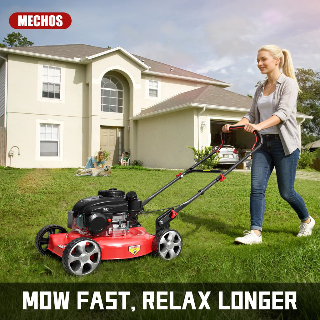 Gas Powered Push Lawnmower, 20-Inch Cutting Deck, 144cc 4-Stroke Engine, 2-in-1 Function (Side Discharge/Mulching), Lightweight