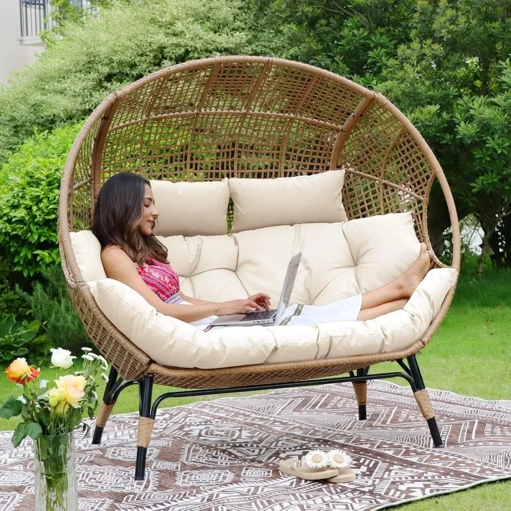 Lounge Chairs-Double Egg Chair Indoor Outdoor Stationary Thicken Padded Cushions,680 lbs，for Patio Balcony Porch Backyard Beige