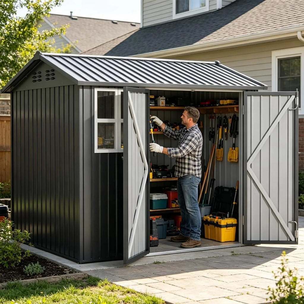 Weather-Resistant Metal Storage Shed Window & Lockable & Ventilated Backyard, Custom