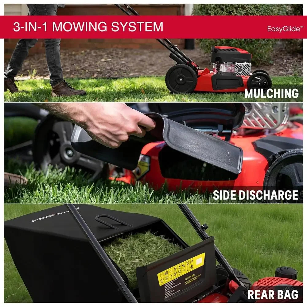EasyGlide 21-Inch Gas Lawn Mower, 144cc 4-Stroke OHV Engine, Push Walk-Behind, 3-in-1 Mulch/Bag/Side Discharge, Steel Deck, 6 He