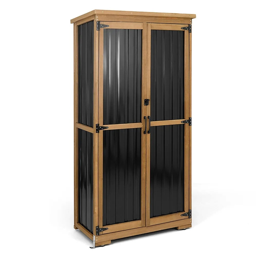 Outdoor Storage Cabinet, Wood & Metal Storage Shed with Weather-Resistant Roof, Removable Shelves, Lockable Doors, Customized
