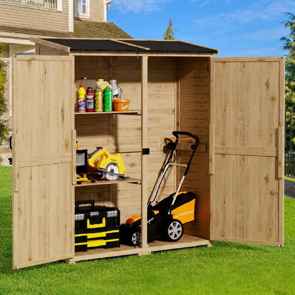 Outdoor Storage Cabinet with Waterproof Roof, Double Door Lockable Garden Shed with 2 Removable Shelves, Wooden Storage Shed
