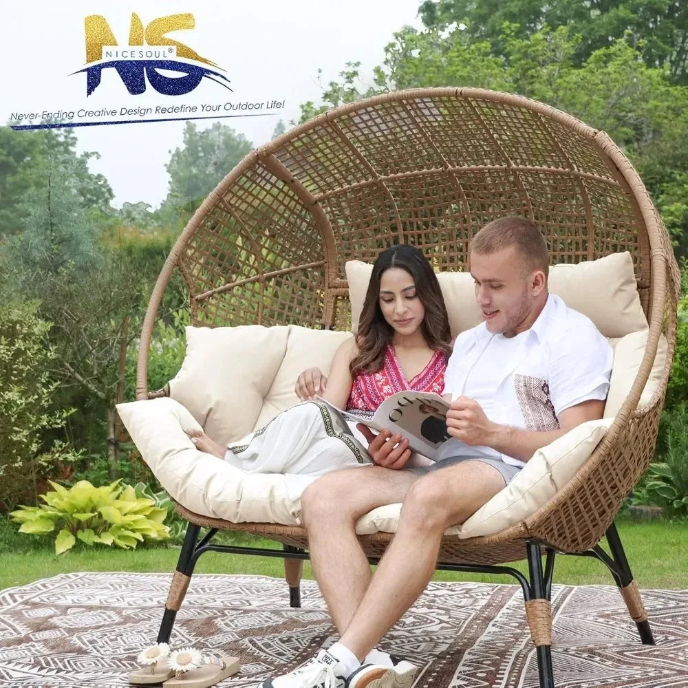Lounge Chairs-Double Egg Chair Indoor Outdoor Stationary Thicken Padded Cushions,680 lbs，for Patio Balcony Porch Backyard Beige