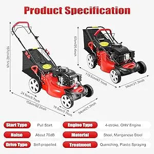 Self Propelled Gas Lawn Mower 20Inch,140CC Gas Powered Lawnmower 4-Stroke Walk Behind Handle Mulching Push Lawn Mower w/Bag