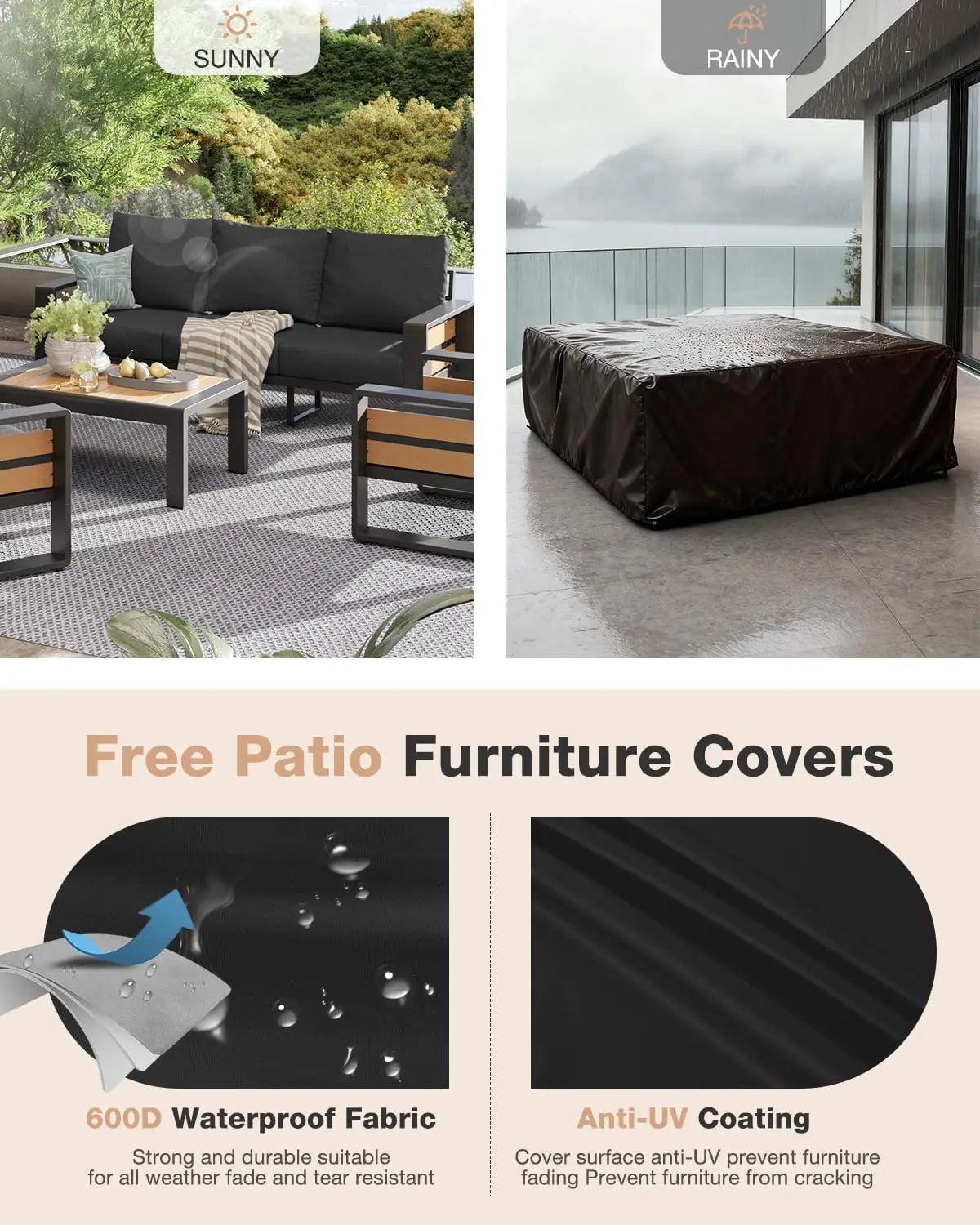 Aluminum Patio Furniture Set, 5 Piece Luxury Outdoor Sectional with 6" Olefin Fabric Cushions, Patio Conversation, Customized