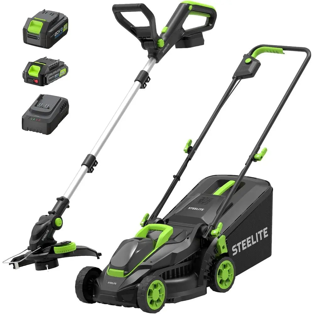 20V Electric Lawn Mower & String Trimmer Combo, 13-Inch BrushlCordlLawn Mower with 4.0Ah & 2.0Ah Batteries and , Lightweight Pus