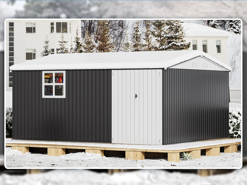 VIWAT 10x12~12x14 FT Outdoor Metal Storage Shed with Window, Lockable Garden Tool Shed, Heavy-Duty Frame, Backyard Patio Black