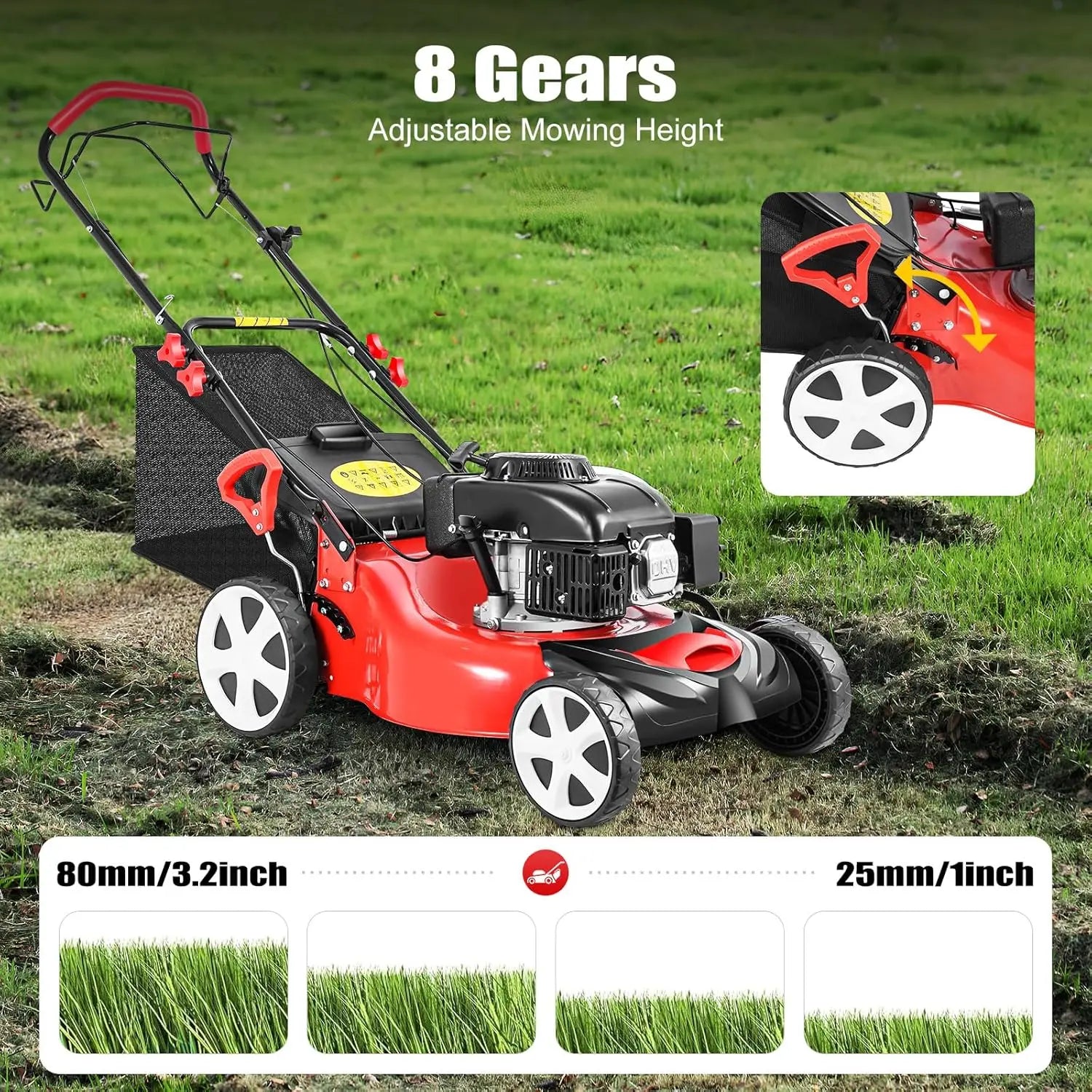 20In Self Propelled Gas Lawn Mower, 4-Stroke 5HP 140CC 2800RPM, 3-in-1 OHV Engine w/8 Gears Height Adjustments & Large Fuel Tank