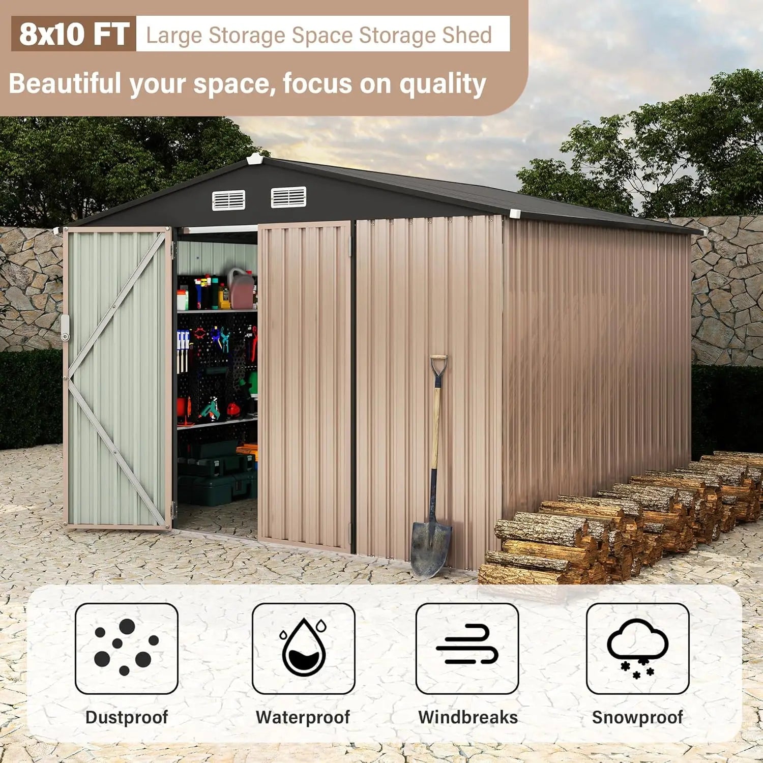 8x10 ft Metal Outdoor Storage Shed, Lockable Door & Air Vent, Yard/Garden Tool Shed for Backyard Patio Lawn, Customized