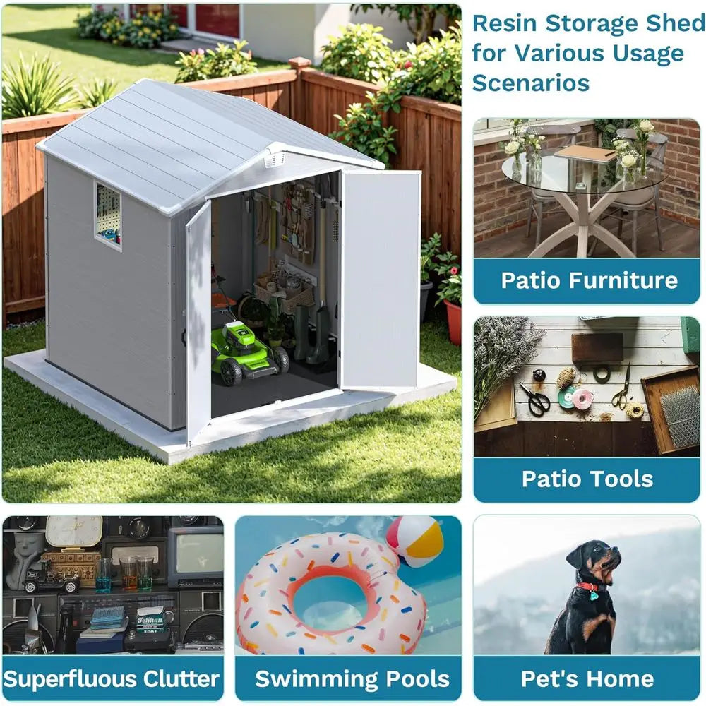 6x6 Outdoor Plastic Storage Shed with Lockable Door, Window, and Floor - Easy Assembly for Garden or Backyard, Light Gray