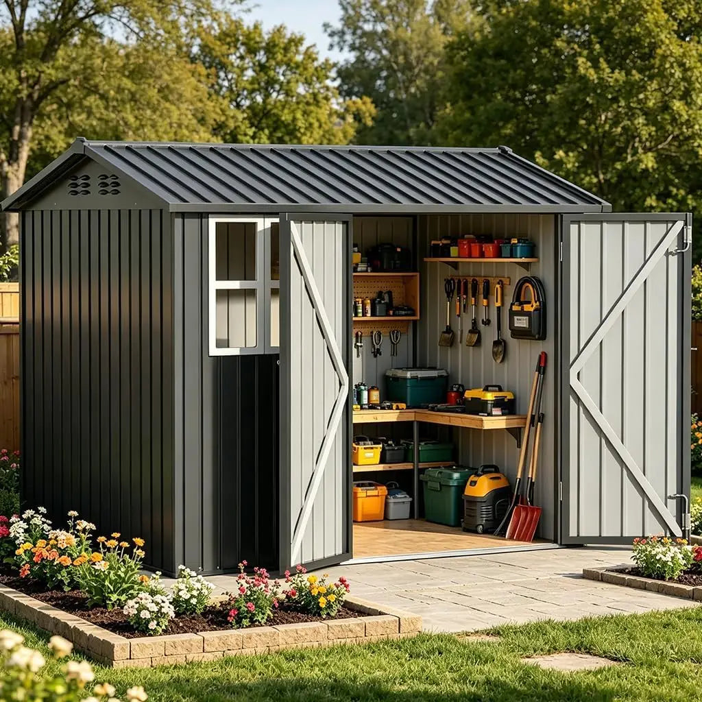 Weather-Resistant Metal Storage Shed Window & Lockable & Ventilated Backyard, Custom