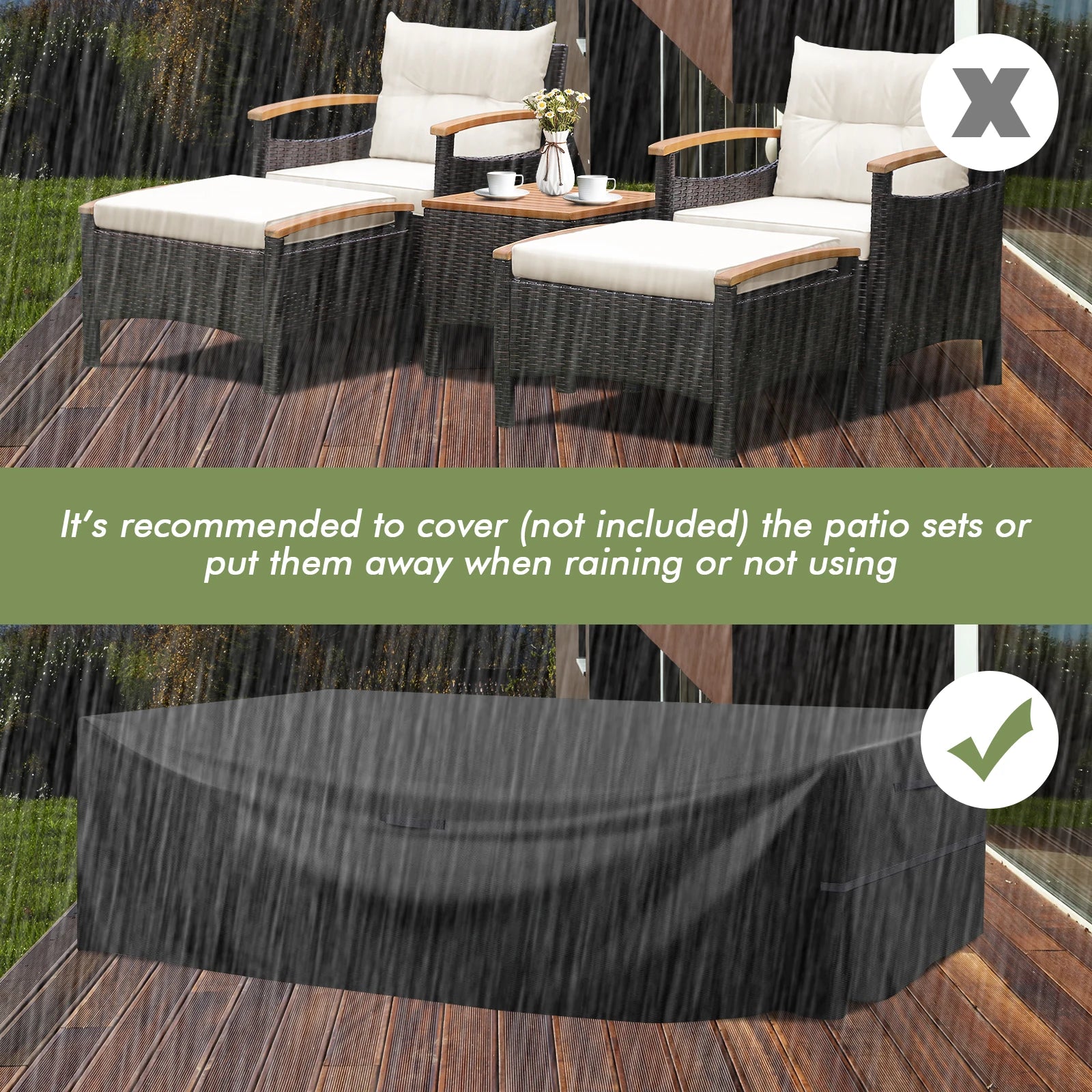 5PCS Patio Rattan Furniture Set Sofa Ottoman Cushioned Table W/Wood Top
