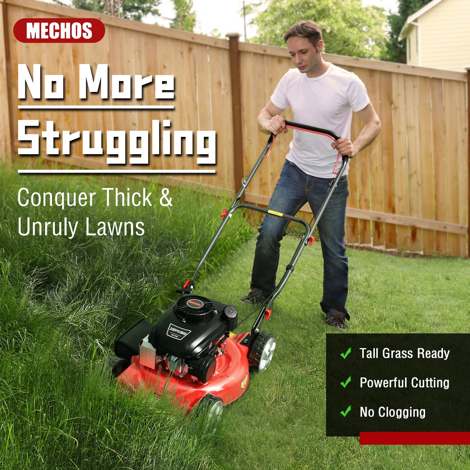 Gas Powered Push Lawnmower, 20-Inch Cutting Deck, 144cc 4-Stroke Engine, 2-in-1 Function (Side Discharge/Mulching), Lightweight