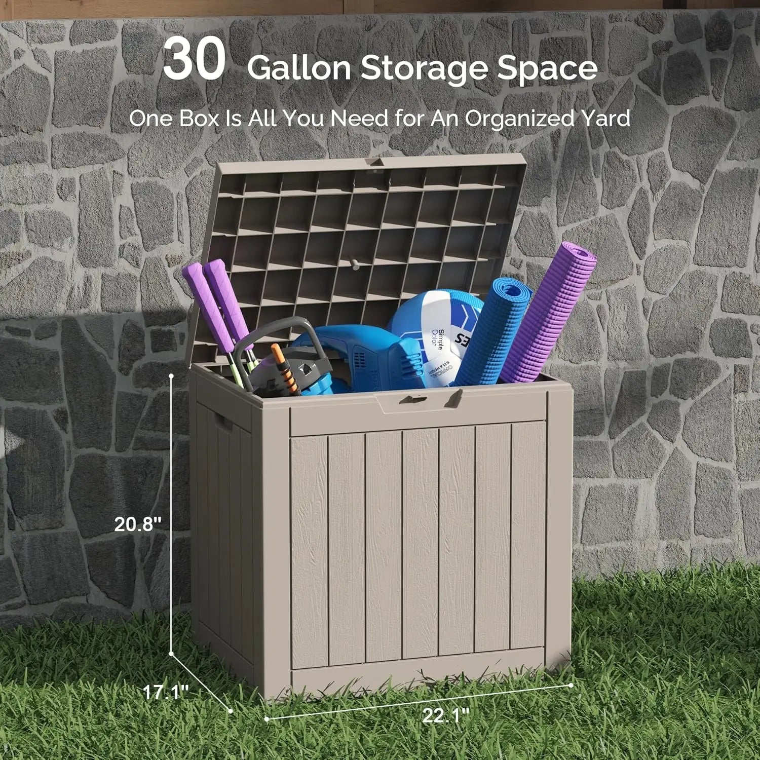 Outdoor Deck Box: Lockable Package Delivery Box, Weather-Resistant Outdoor Storage Bin, 30-Gallon Faux Plank Driftwood