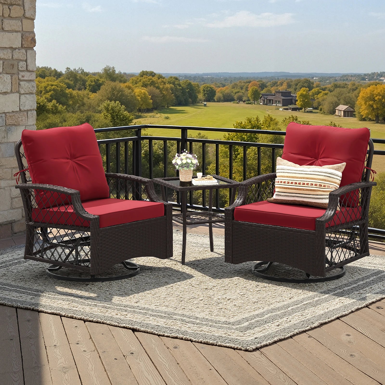 Farini 3-Piece Swivel Patio Bistro Set, Wicker Furniture, Swivel Glider Chairs with Cushions & Table,All-Weather Rattan, Porch