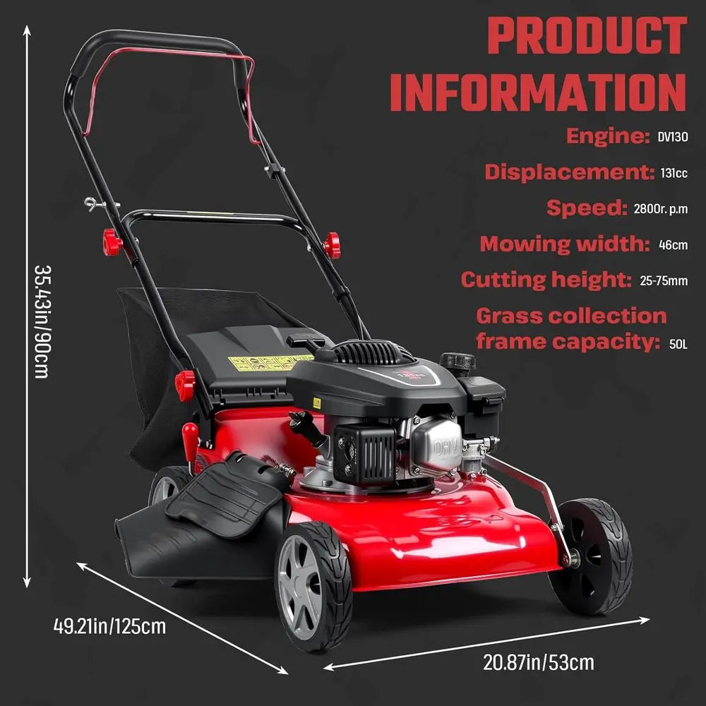 3-in-1 131cc 4-Cycle Gas Lawn Mower with 50L Grass Bag, Adjustable Cutting Height, Quiet & Fuel-Efficient for Yard Work