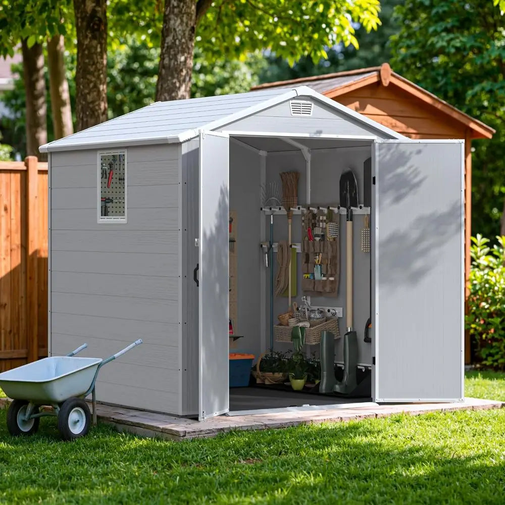 6x6 Outdoor Plastic Storage Shed with Lockable Door, Window, and Floor - Easy Assembly for Garden or Backyard, Light Gray