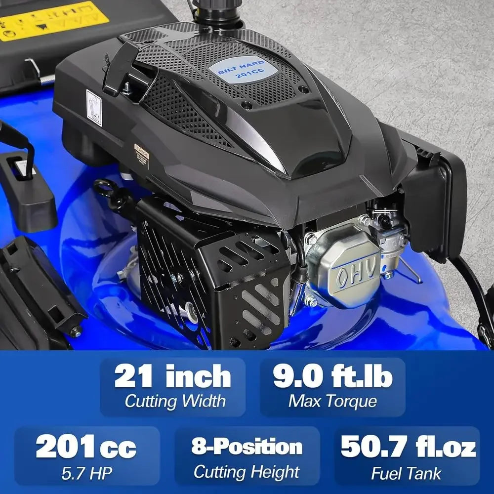 21 Inch 201cc 4-Cycle Engine Push Lawn Mower, 3-in-1 Gas Lawn Mower with Bagging, Mulching and Side Discharge, Easy Start with A