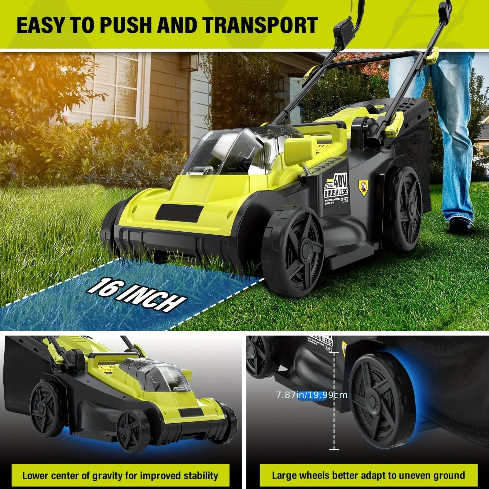 40V 16-inch Cordless Lawn Mower With 11.89gal Grass Collection Bag, 6 Position Height Adjustment Electric Lawn Mower, 2 X 20V 4.0Ah Battery Powered Push Lawnmower, 2.4A Fast Charger Included
