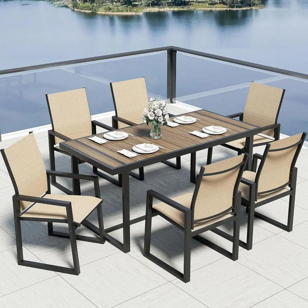 7 Piece Patio Dining Set or 6, Outdoor urniture Set Includes 67" RecPatio Table and 6 Textilene Dining Chairs, Outdoor Table and