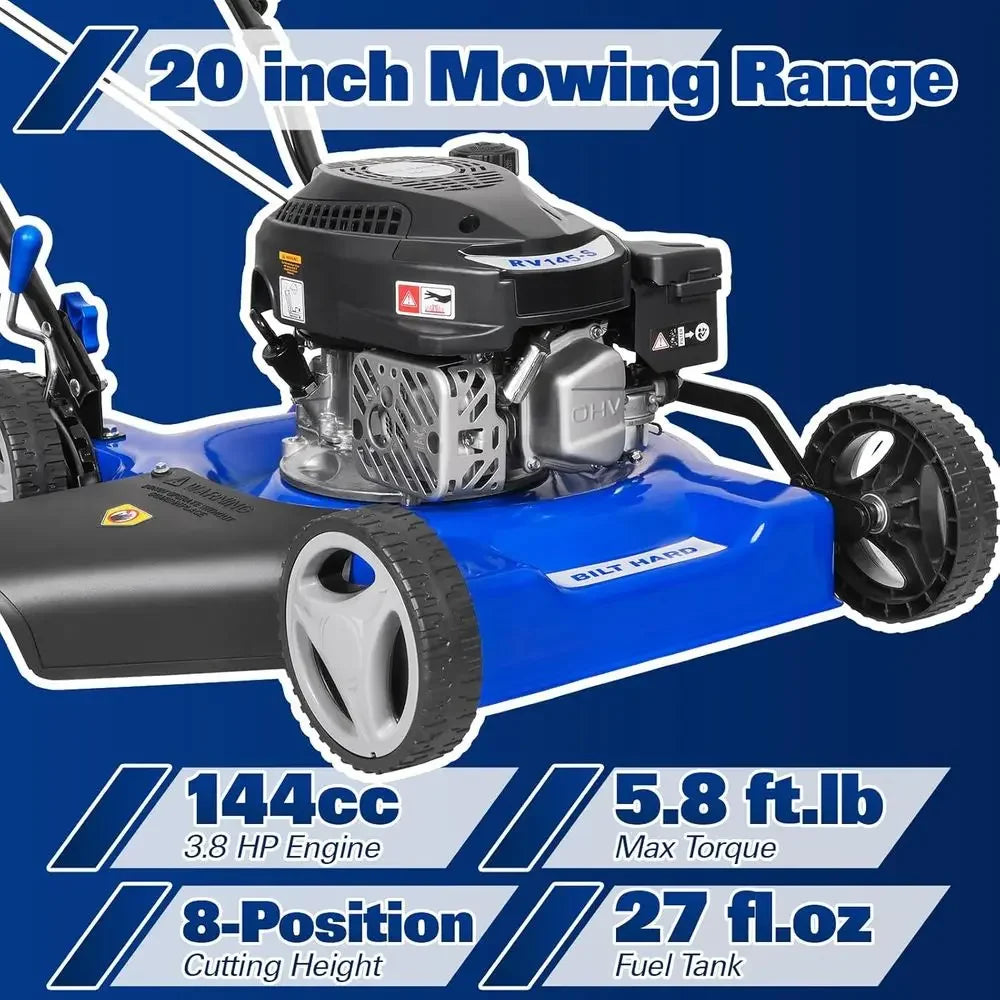 20'' Push Gas Lawn Mower, 144cc 4-Cycle OHV Engine Walk Behind Lawnmower, Side Discharge with 8-Position Adjustable Cutting Heig
