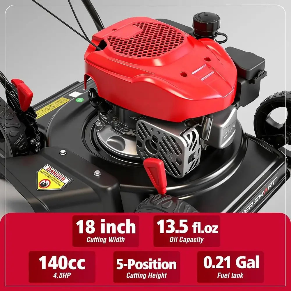 EasyCut 18" 144cc Gas Lawn Mower, Heavy-Duty Steel Deck, Side Discharge, 5-Position Height Setting, Walk-Behind Push Mower with
