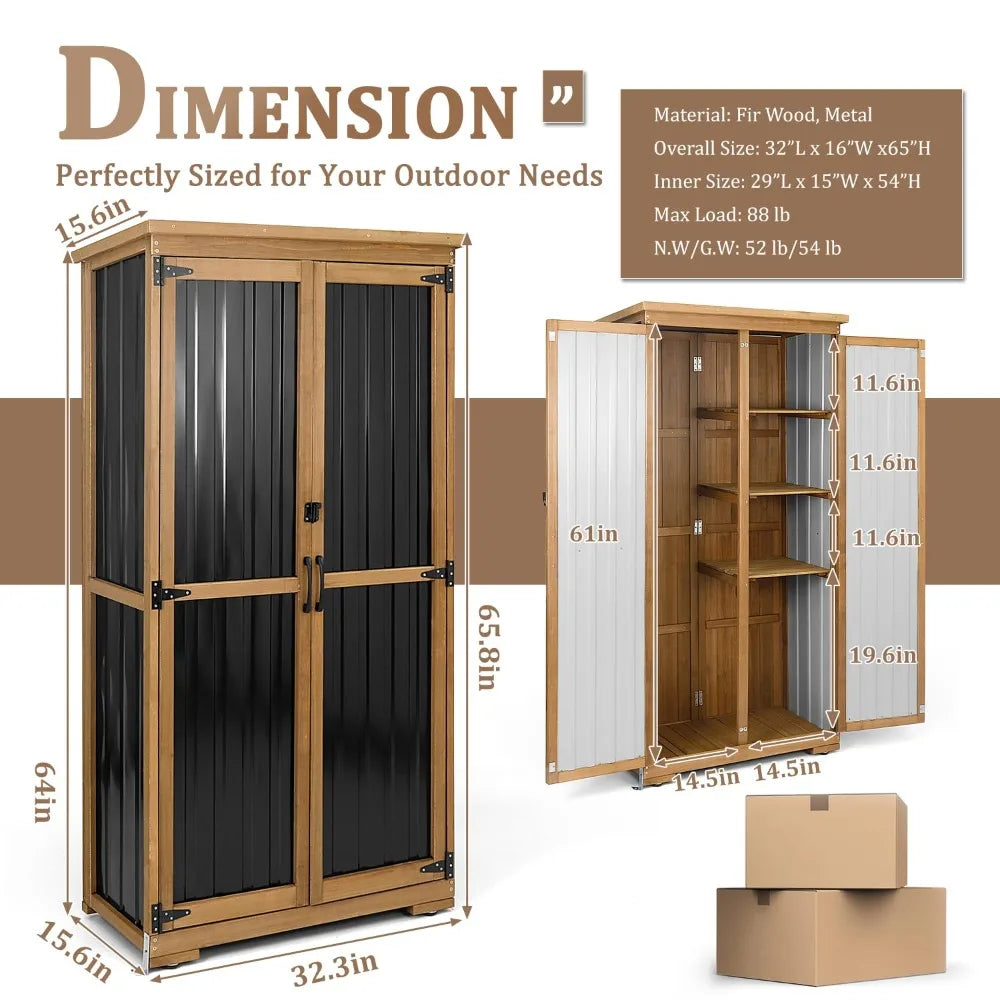 Outdoor Storage Cabinet, Wood & Metal Storage Shed with Weather-Resistant Roof, Removable Shelves, Lockable Doors, Customized
