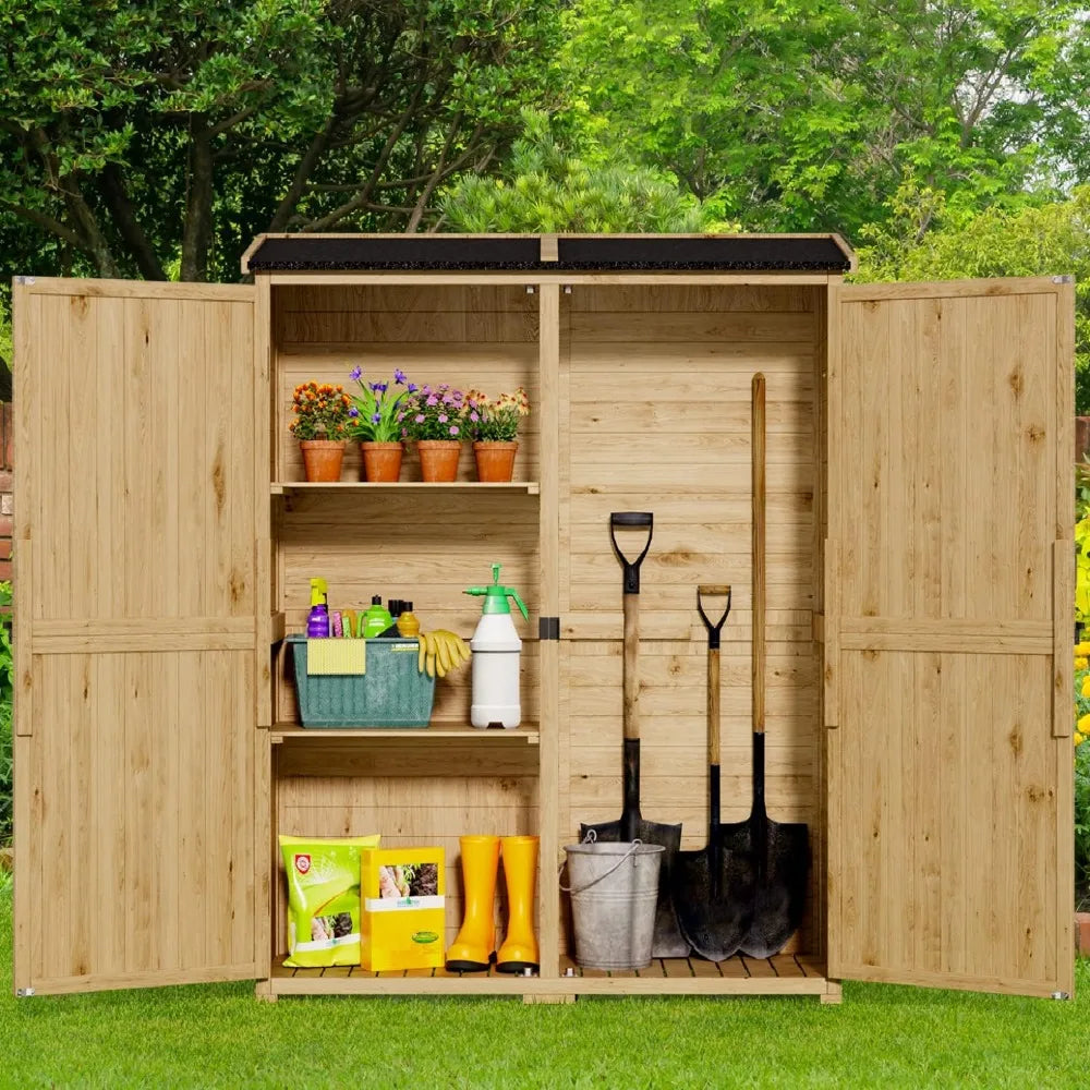 Outdoor Storage Cabinet with Waterproof Roof, Double Door Lockable Garden Shed with 2 Removable Shelves, Wooden Storage Shed
