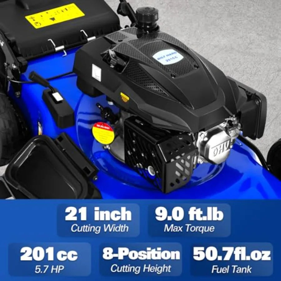 21 Inch Self Propelled Gas Lawn Mower 201cc 4-Cycle OHV Engine 3-in-1 Functions Bagging Mulching and Side Discharge with 8-Posi