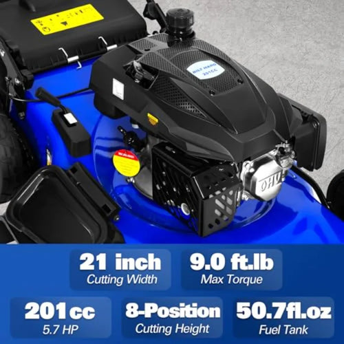 21 Inch Self Propelled Gas Lawn Mower 201cc 4-Cycle OHV Engine 3-in-1 Functions Bagging Mulching and Side Discharge with 8-Posi