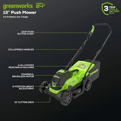 Greenworks 24V 13\" Brushless Cordless Push Lawn Mower DIY Grade 4.0Ah Battery & Charger Included For Cutting Grass