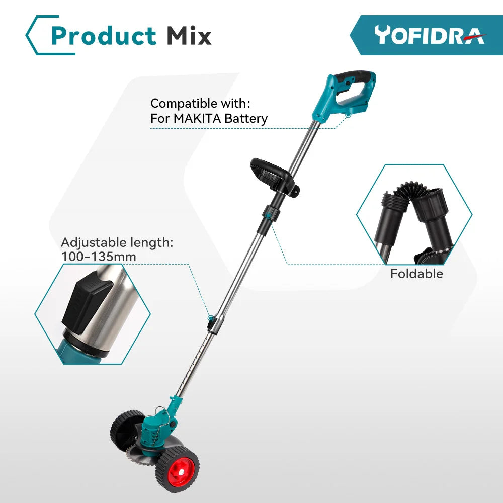 YOFIDRA Electric Lawn Mower Cordless Foldable Adjustable Trimmer Garden Pruning Cutting Power Tools For Makita Battery Pin
