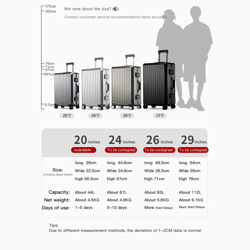 New Style All Aluminum 20"24"28" Inch Travel Suitcase Carry on Luxury Suitcase Metal Trolly Bag Universal Wheels