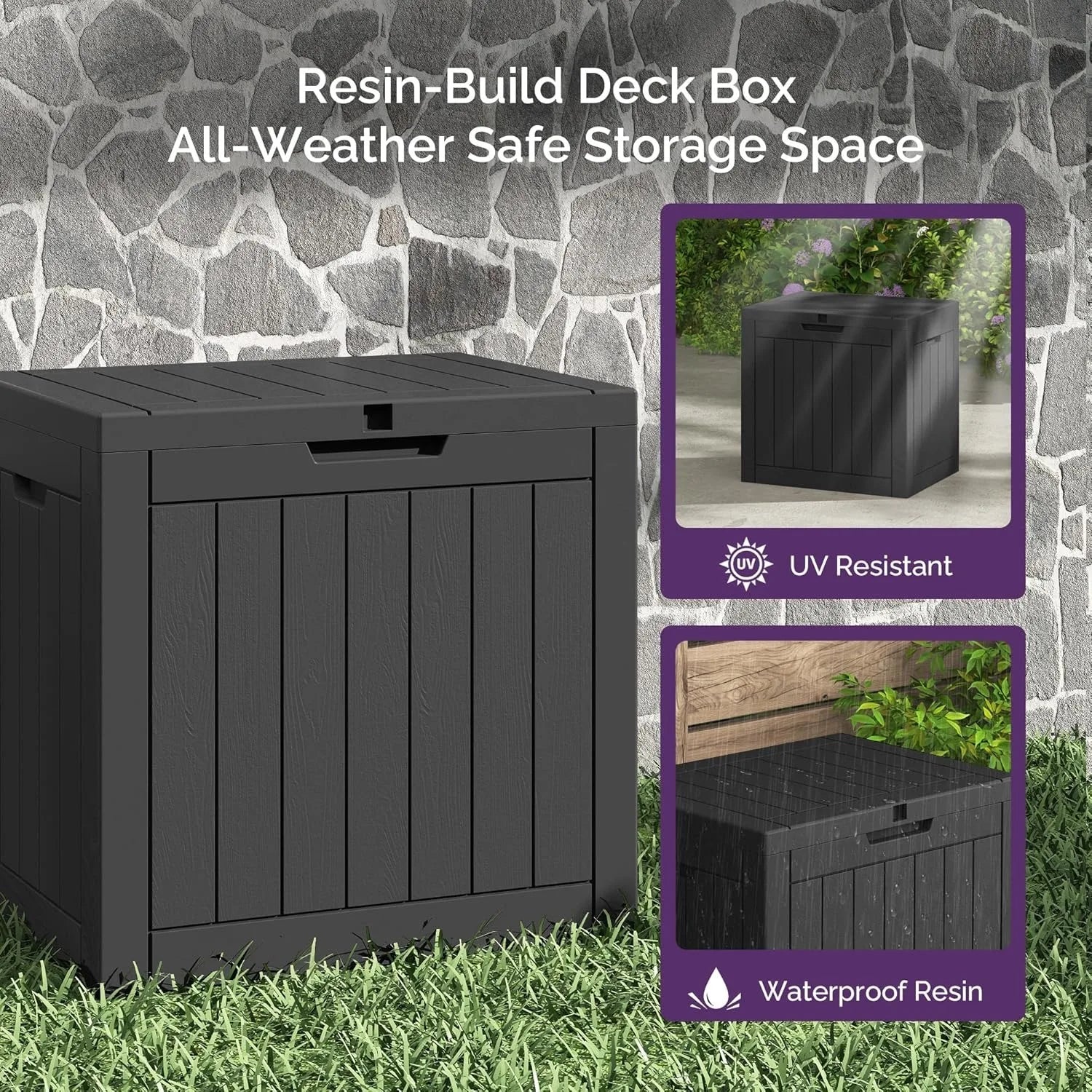Outdoor Deck Box: Lockable Package Delivery Box, Weather-Resistant Outdoor Storage Bin, 30-Gallon Faux Plank Driftwood
