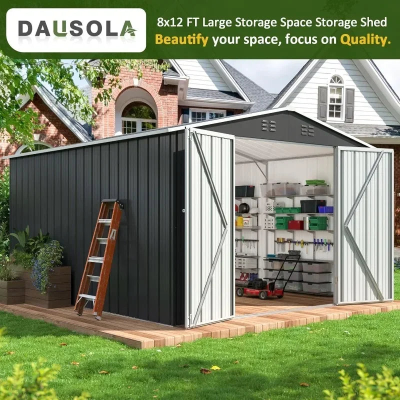 DAUSOLA 8.2x12 FT Outdoor Storage Shed,Metal Garden Tool Shed with Updated Frame Structure and Lockable Doors,Ideal for Backyard