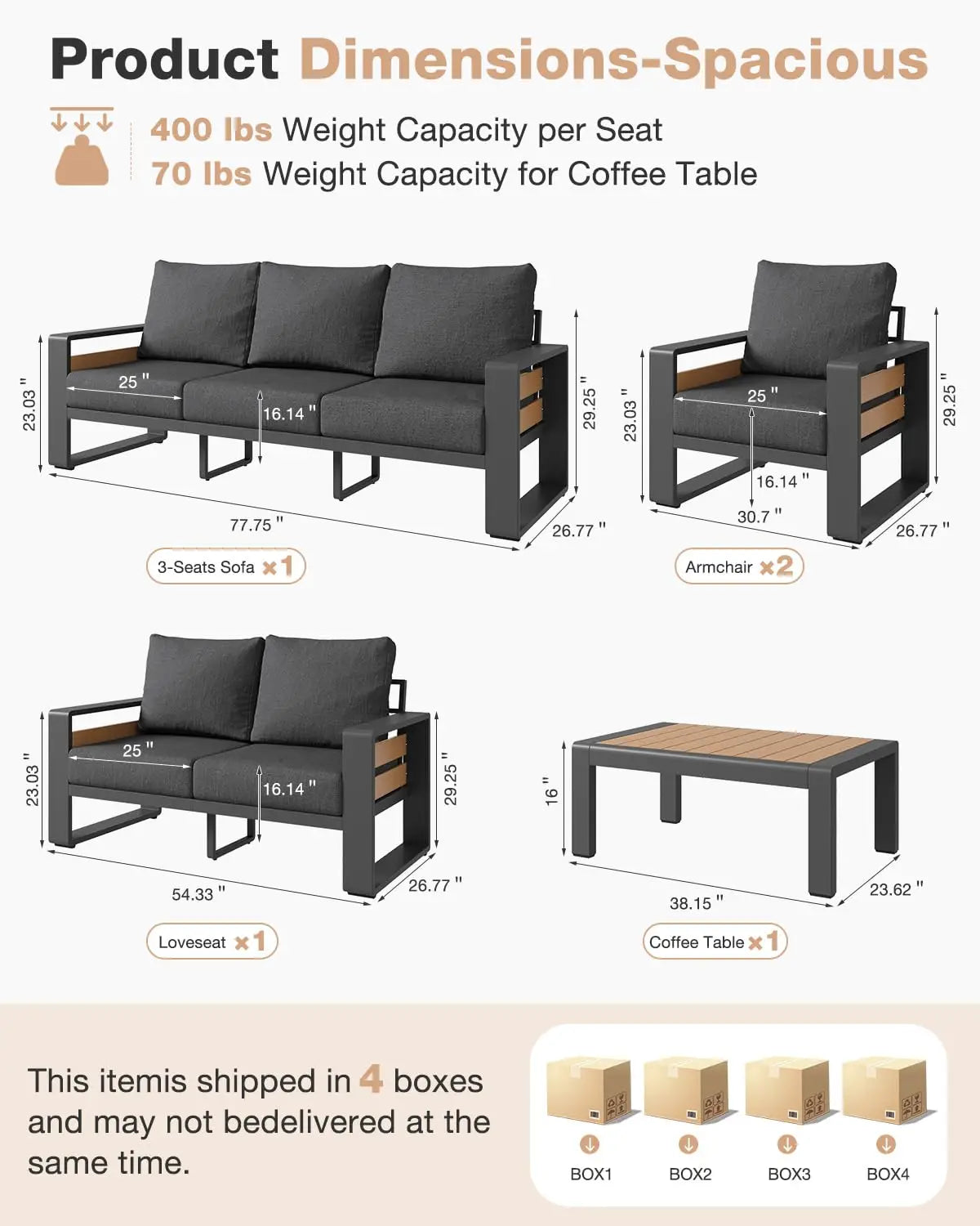 Aluminum Patio Furniture Set, 5 Piece Luxury Outdoor Sectional with 6" Olefin Fabric Cushions, Patio Conversation, Customized