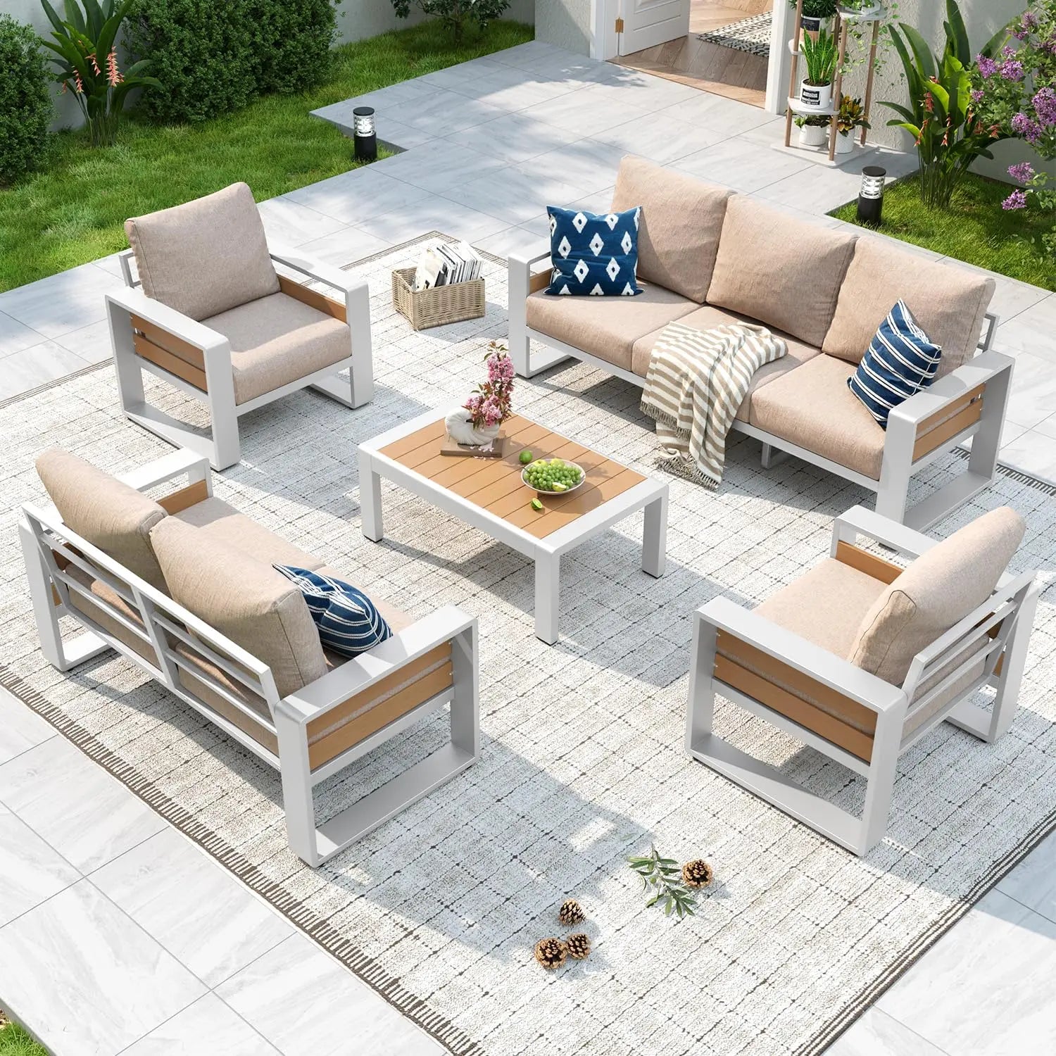 Aluminum Patio Furniture Set, 5 Piece Luxury Outdoor Sectional with 6" Olefin Fabric Cushions, Patio Conversation, Customized