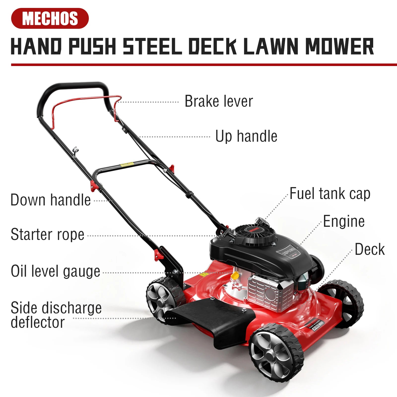 Gas Powered Push Lawnmower, 20-Inch Cutting Deck, 144cc 4-Stroke Engine, 2-in-1 Function (Side Discharge/Mulching), Lightweight