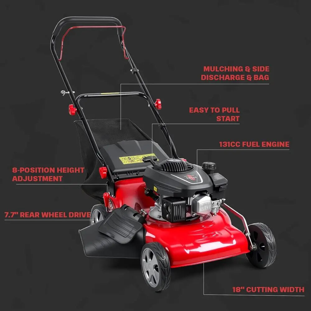 3-in-1 131cc 4-Cycle Gas Lawn Mower with 50L Grass Bag, Adjustable Cutting Height, Quiet & Fuel-Efficient for Yard Work