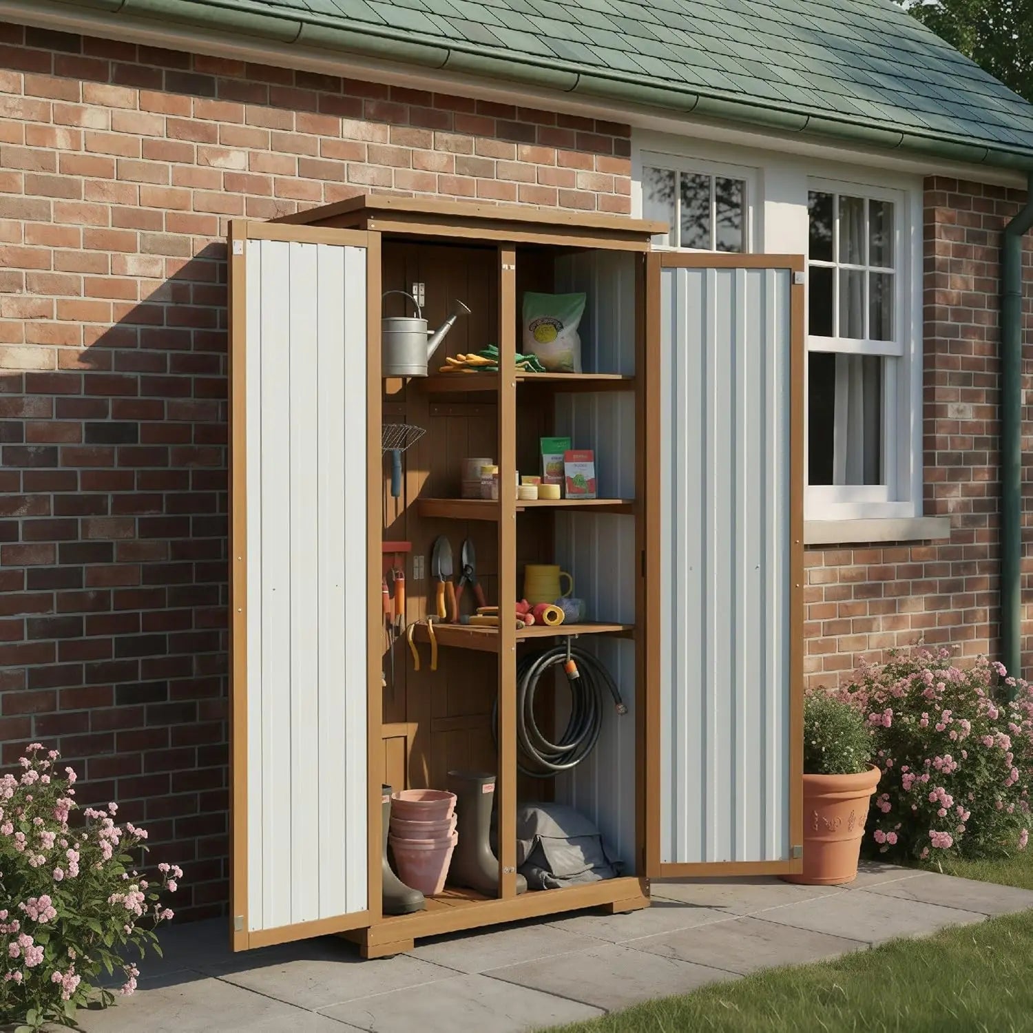 Outdoor Storage Cabinet, Wood & Metal Storage Shed with Weather-Resistant Roof, Removable Shelves, Lockable Doors, Customized